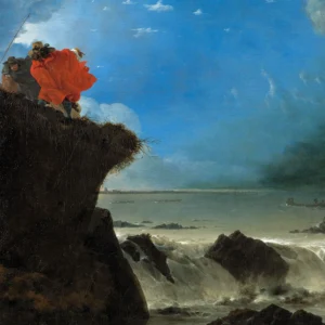 Oud schilderij figuren op klif boven woeste zee