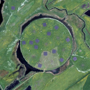 Luchtfoto van cirkelvormig fort met zonnepanelen omgeven door gracht