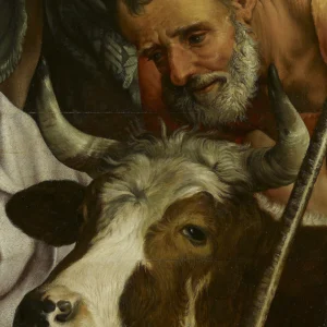 Klassiek schilderij van bebaarde man met stier en engel